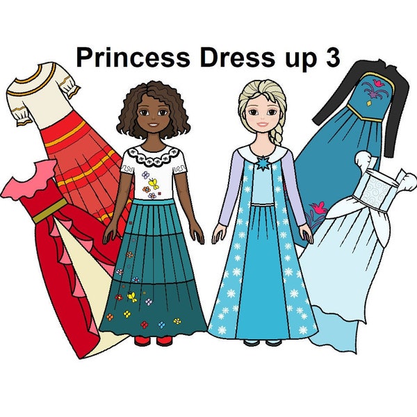 Princess Dress-Up 3 Paper doll - Printable Paper Doll - Princess dresses- dress up - Latina doll - Hispanic doll - Coloring pages -