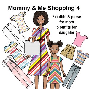 Mommy & Me Shopping 4 Paper doll - Curvy Printable Paper Doll - mom and daughter - black Latina Hispanic doll - Coloring pages -