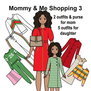 Mommy & Me Shopping 3 Paper doll - Curvy Printable Paper Doll - Hispanic Latina doll - curly hair - Brunette Doll - Coloring pages -