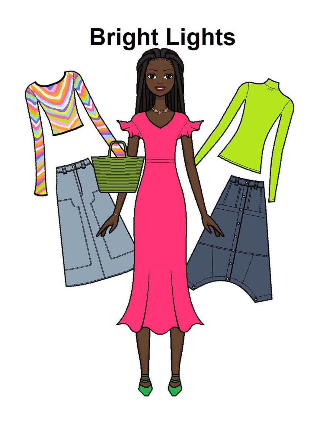 Bright Lights Printable Paper Doll Colorful Fashion Denim Skirts Black ...