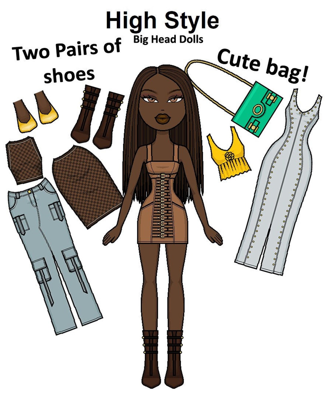 High Style Printable Paper Doll Big Heads - Black Doll - High End ...