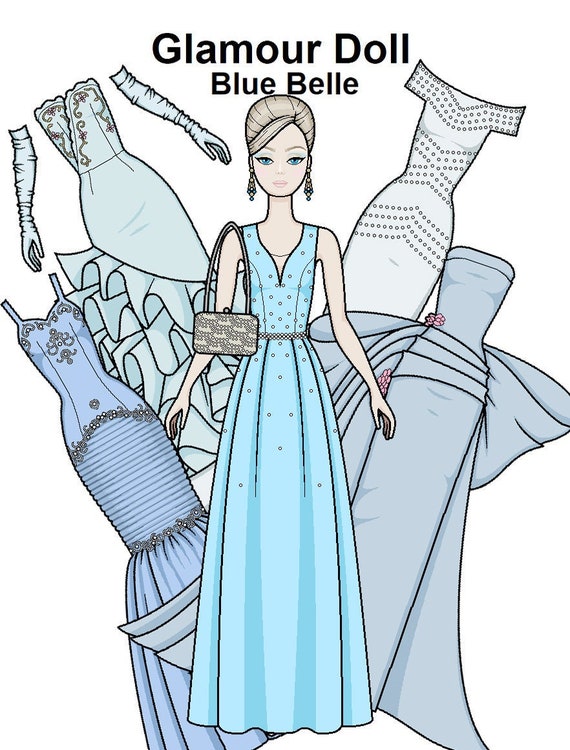 Blue Belle Glamour Paper Doll Printable Paper Doll High end Fashion Gowns Coloring Page Etsy