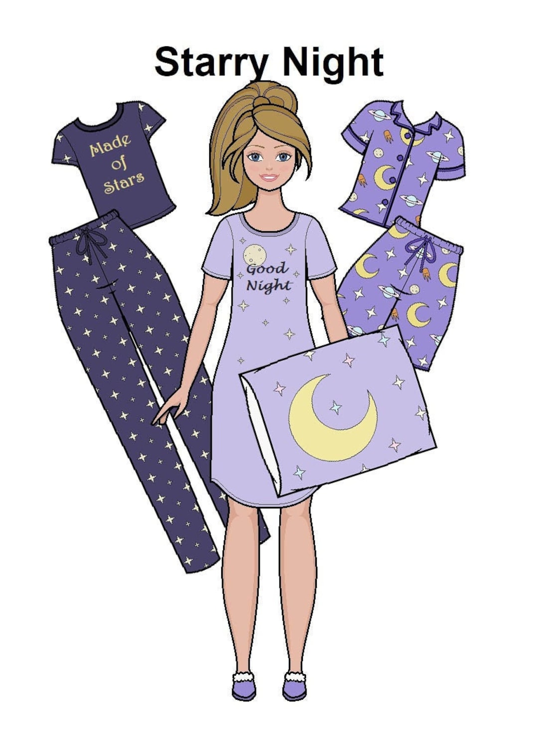 Starry Night Curvy Printable Paper Doll PJS Pyjamas Pajamas Blonde  Paper Doll Coloring Pages