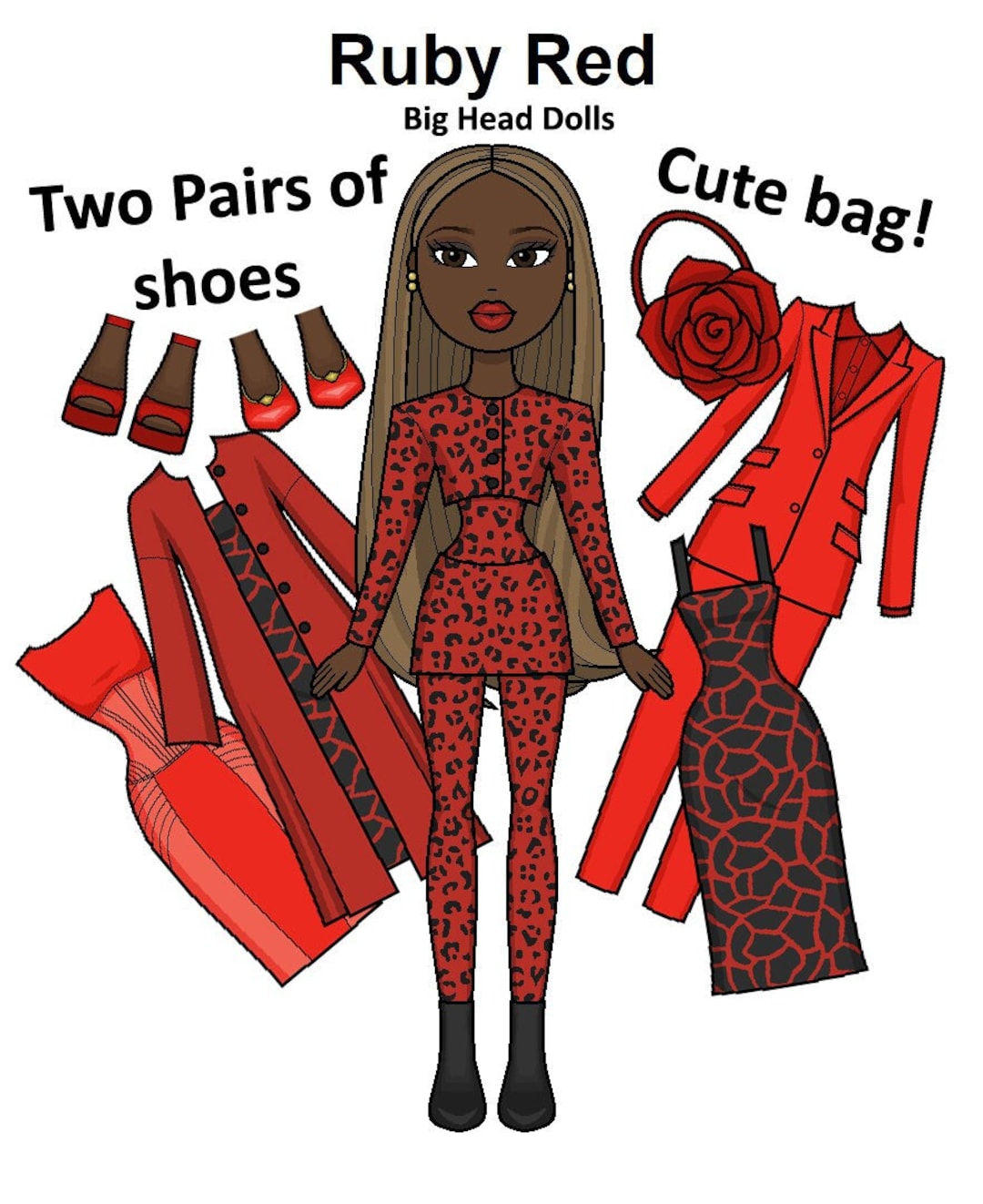 Ruby Red Printable Paper Doll Big Heads Black Doll Red Fashion Cheetah