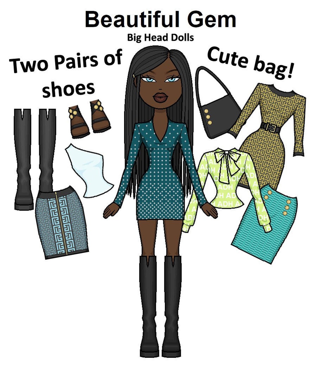 Beautiful Gem Printable Paper Doll Big Heads - Black Doll - High End ...