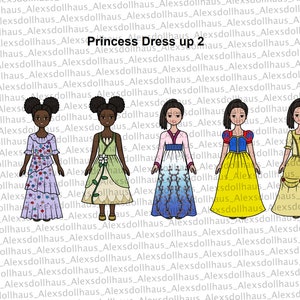 Princess Dress-Up 2 Paper doll Printable Paper Doll Princess dresses dress up black doll Asian doll Coloring pages image 3