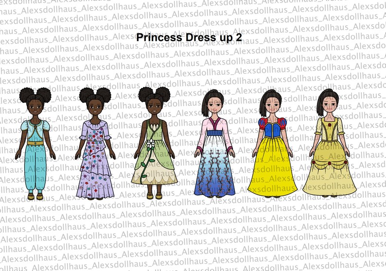 Princess Dress-Up 2 Paper doll Printable Paper Doll Princess dresses dress up black doll Asian doll Coloring pages image 3