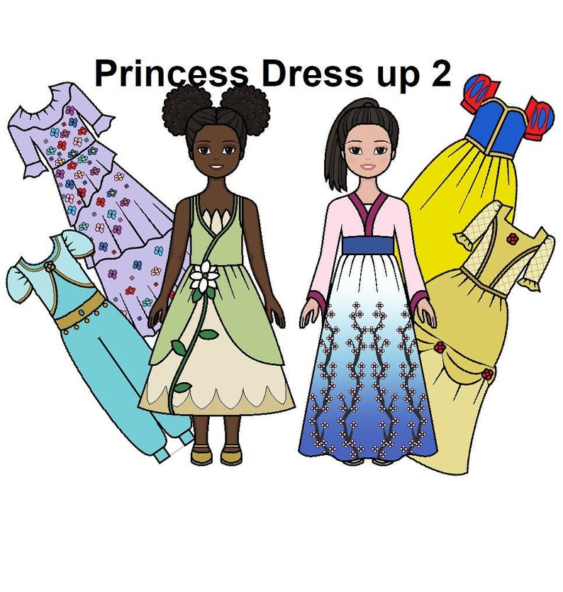 Princess Dress-Up 2 Paper doll Printable Paper Doll Princess dresses dress up black doll Asian doll Coloring pages image 1