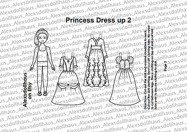 Princess Dress-Up 2 Paper doll Printable Paper Doll Princess dresses dress up black doll Asian doll Coloring pages image 7