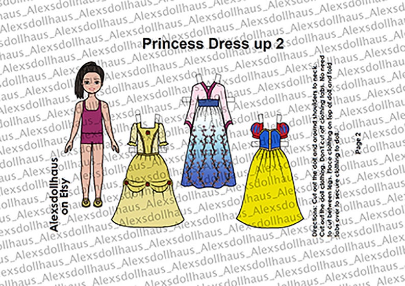 Princess Dress-Up 2 Paper doll Printable Paper Doll Princess dresses dress up black doll Asian doll Coloring pages image 5