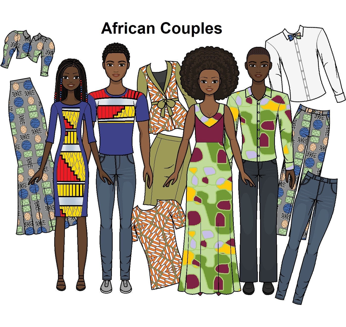 Afrikanische Paare - Druckbare Papierpuppe - Afrikanische Drucke - Kleidung im afrikanischen Stil - Schwarze Papierpuppe - Männliche Puppe Kurvige Puppe - Malvorlagen -