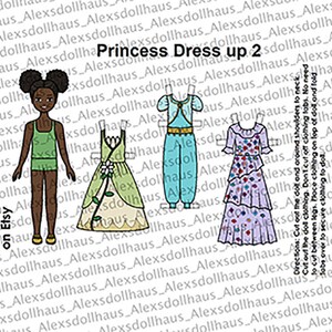 Princess Dress-Up 2 Paper doll Printable Paper Doll Princess dresses dress up black doll Asian doll Coloring pages image 4