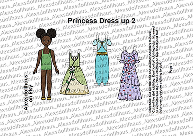 Princess Dress-Up 2 Paper doll Printable Paper Doll Princess dresses dress up black doll Asian doll Coloring pages image 4