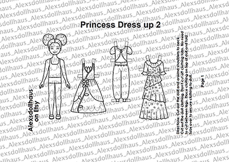 Princess Dress-Up 2 Paper doll Printable Paper Doll Princess dresses dress up black doll Asian doll Coloring pages image 6