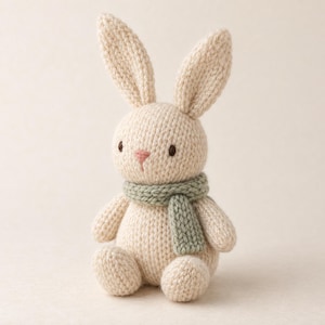 Peut inclure: Un lapin en tricot de couleur crème avec de longues oreilles dressées, de petits yeux sombres et un nez brodé rose. Le lapin porte une écharpe en tricot vert sauge autour du cou et est assis dans une position verticale.