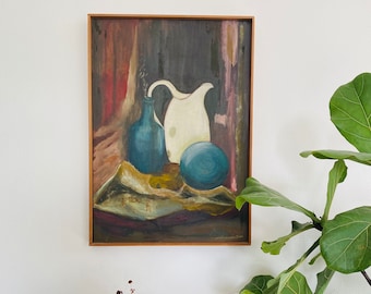 Mid Century Still Life Oil Painting: Danish Vintage Art, Signed Jacob
