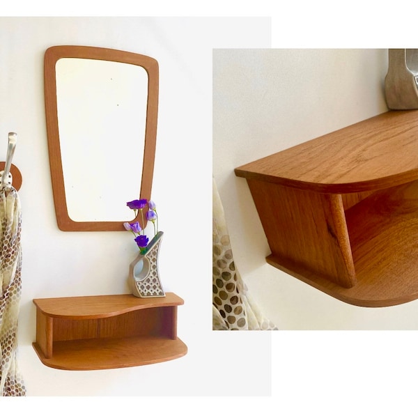 Teak mirror and shelve, danish Mid-century hall way furniture, 1960s vintage scandinavian design