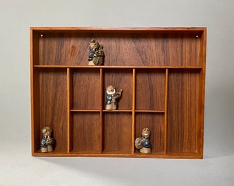 Teak, rosewood shelf includes four funny ceramic figurines. Beautiful Danish drawer box , type tray mid century design