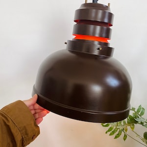 Large Danish ceiling lamp. Brown and orange 1970s vintage pendant light.