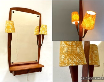 Teak mirror with drawer and integrated lamps. Danish Mid-century hall way furniture, 1960s vintage scandinavian design
