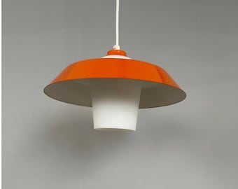1960s minimalistic pendant light with opaque glass shade. Danish Mid-century metal ceiling lamp