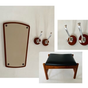 Mirror, coat hooks and a teak stool, Danish Mid-century design vintage furniture for hall way or bedroom