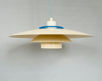 Cool Danish 1980s vintage pendant light. Classic ceiling lamp with turquoise detailing