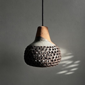 May include: A hanging pendant light fixture with a pear-shaped ceramic shade. The top section is smooth and light brown, while the lower, wider portion features a dark, textured surface with numerous circular cutouts and a speckled gray finish.