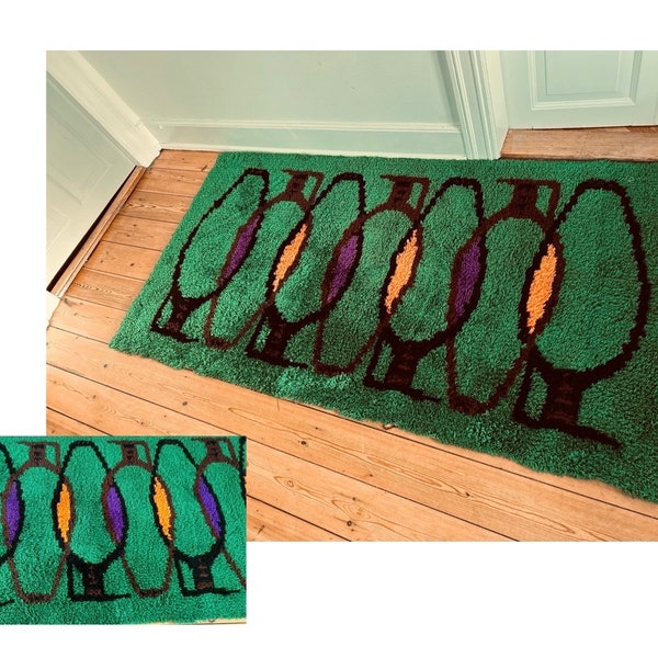 Rya rug, 1960s bohemian wool carpet, Danish Mid-century design