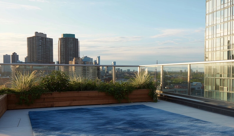 May include: A rooftop scene with a blue rug, wooden planter boxes with greenery, and a cityscape backdrop. The sky is clear, and the scene is bathed in natural light. Tall buildings are visible in the distance.