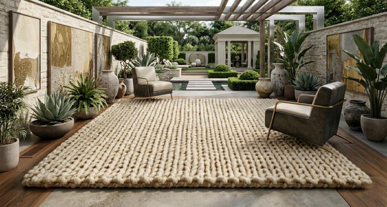 Puede incluir: Una gran alfombra beige de punto grueso domina una escena de patio al aire libre. Dos sillones con marcos met&aacute;licos y cojines neutros se colocan a cada lado. El fondo presenta un jard&iacute;n, un cenador y obras de arte.