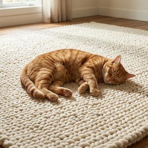 Puede incluir: Una alfombra de punto grueso de color crema con un gato atigrado naranja durmiendo. La alfombra es rectangular y tiene un aspecto grueso y texturizado. El gato est&aacute; acurrucado en la alfombra, con los ojos cerrados. La alfombra est&aacute; sobre un suelo de madera.