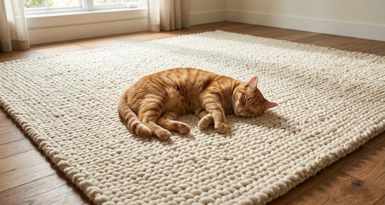 Puede incluir: Una alfombra de punto grueso de color crema con un gato atigrado naranja durmiendo. La alfombra es rectangular y tiene un aspecto grueso y texturizado. El gato est&aacute; acurrucado en la alfombra, con los ojos cerrados. La alfombra est&aacute; sobre un suelo de madera.