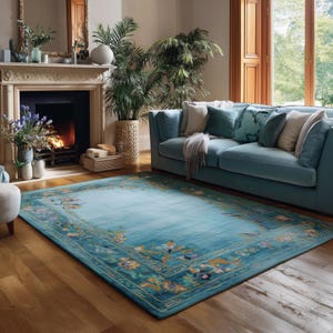 High Quality Handmade Vintage Oushak Rug Ocean Blue Rug, Gray Rug,Orange Rug and Brown Turkish Knot Wool Area Rug By RughandmadeStores
