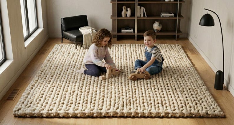 Puede incluir: Una alfombra grande, rectangular, tejida a mano, de color blanco roto natural. Dos ni&ntilde;os juegan en la alfombra con juguetes de madera. La gruesa construcci&oacute;n de punto grueso de la alfombra a&ntilde;ade una textura acogedora a la habitaci&oacute;n.