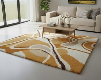 Mid Century Modern Area Rug – Terracotta Mustard Geometric, Earth Tones