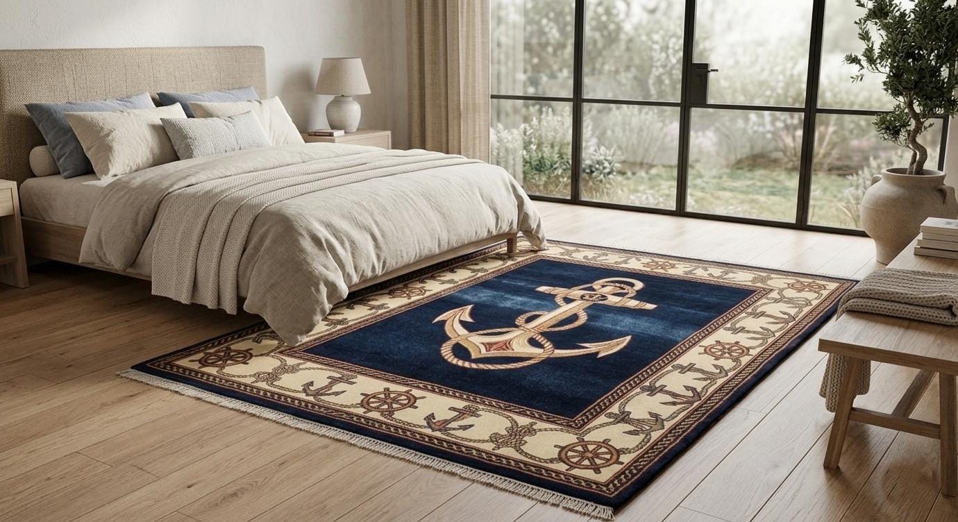 Nautical Anchor Rug, Navy Blue Coastal Area Carpet, Hand-knotted Wool ...