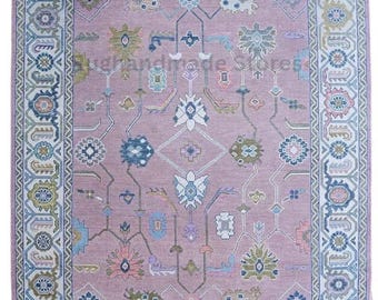 Handgeknüpfter Oushak Wollteppich: Zart Rosa, Blau & Beige, Türkischer Knoten 200x300