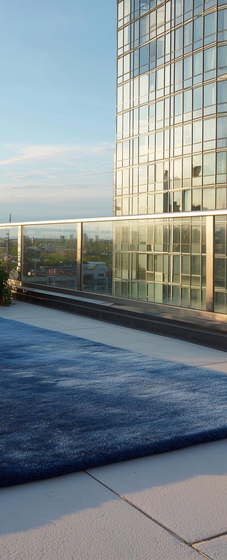 May include: A modern rooftop scene featuring a large, textured blue rug. A glass railing and a high-rise building with reflective windows are in the background. The sky is a clear blue.