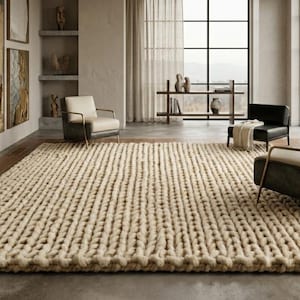 Puede incluir: Una alfombra grande, rectangular y de punto grueso en color beige neutro domina la habitaci&oacute;n. La alfombra est&aacute; colocada sobre un suelo de madera y la habitaci&oacute;n cuenta con muebles modernos, obras de arte y grandes ventanales.