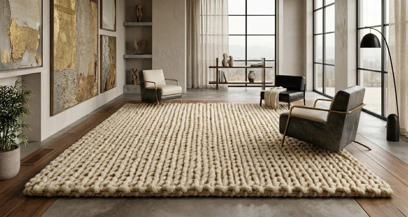 Puede incluir: Una alfombra grande, rectangular y de punto grueso en color beige neutro domina la habitaci&oacute;n. La alfombra est&aacute; colocada sobre un suelo de madera y la habitaci&oacute;n cuenta con muebles modernos, obras de arte y grandes ventanales.