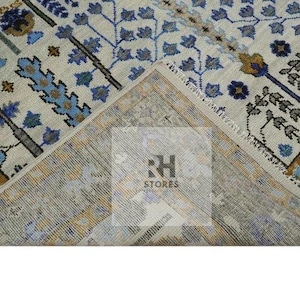 High Quality Handmade Oushak Rug Gray, Cream and Blue Turkish Knot Wool Area Rug, Living Room Rug, Bedroom Rug, Kids Room Rug Study Area Rug