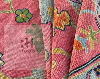 Handmade Oushak Wool Rug: Pink & Sky Blue Turkish Knot, 8x10 Area Rug