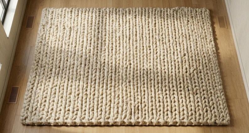 Puede incluir: Una alfombra rectangular de punto grueso de color crema. La alfombra presenta un patr&oacute;n de costillas verticales, hecho de hilo grueso y suave. Se coloca sobre un suelo de madera clara. Un acogedor elemento de decoraci&oacute;n del hogar, aprox. 150 cm x 200 cm.