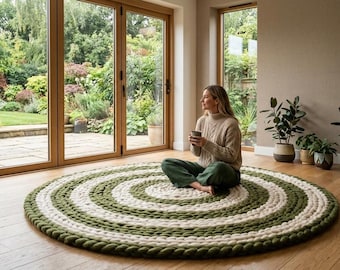 Alfombra de lana gruesa hecha a mano, alfombra circular trenzada en espiral verde, decoración moderna con textura bohemia