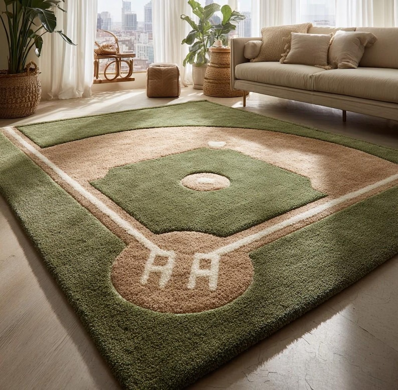 May include: A green and tan baseball field rug with white lines and the letters "AA" in the home plate area. The rug has a soft, plush texture and is designed to resemble a baseball field.