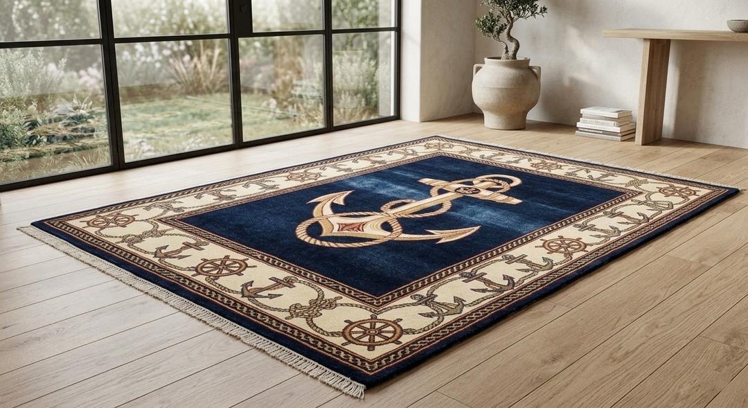 Nautical Anchor Rug, Navy Blue Coastal Area Carpet, Hand-knotted Wool ...