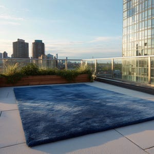 May include: A large, rectangular blue rug with a textured surface is placed on a rooftop patio. The rug's color gradient shifts from lighter to darker shades of blue. The background features a cityscape and a clear sky.