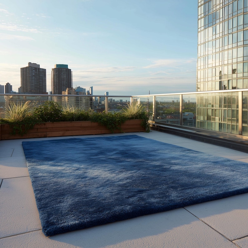 May include: A large, rectangular blue rug with a textured surface is placed on a rooftop patio. The rug's color gradient shifts from lighter to darker shades of blue. The background features a cityscape and a clear sky.