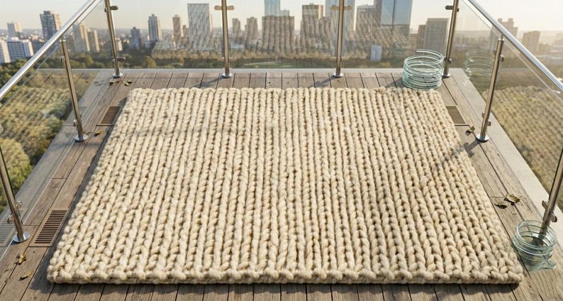 Puede incluir: Una alfombra grande, rectangular, de punto grueso en color beige natural. La alfombra est&aacute; hecha de hilo grueso y tiene una superficie texturizada. Se coloca sobre una terraza de madera con un horizonte urbano al fondo.